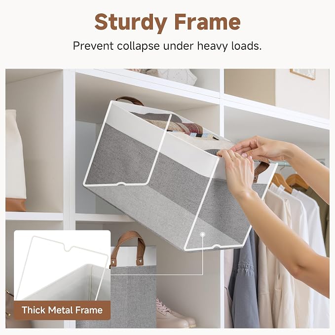 StorageWorks Fabric Storage Bin, Closet Bins, Gray and White, Large, 2-Pack | With Reinforced PU Handles, Metal Frame, Collapsible, Storage Basket for Shelves, Closet, Holds Clothes, Towels, Blankets - Image 4