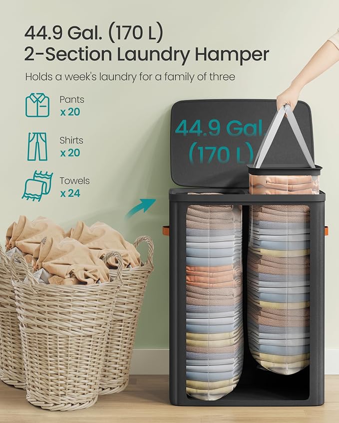 SONGMICS Laundry Basket, 44.9 Gal. Laundry Hamper, 2 Compartments, Easy Assembly, with Lid and Handles, Removable Liners, 22 x 15.7 x 29.5 Inches, Ink Black ULCB813B01 - Image 4