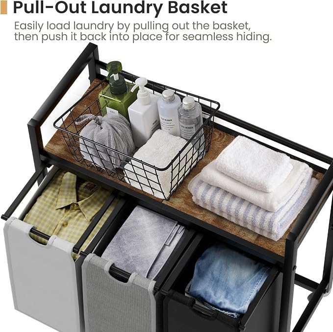SwaaVee Laundry Sorter, Laundry Hamper 3 Section, 3×11.4Gal, Metal Frame Rolling Laundry Basket with Wooden Top Shelf, Pull out and Removable Laundry Bags, 3 Bags-Black Grey White - Image 4