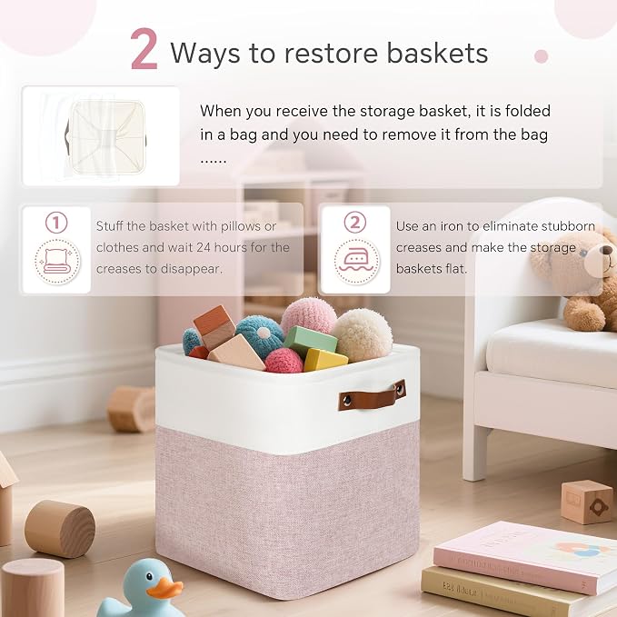 FinishingBo 11 inch Cube Storage Bin 6 Pack, Cube Organizer Bins | Fabric Storage Bins With Handles, 11x11 Storage Cubes, Shelf Basket, White Pink - Image 6