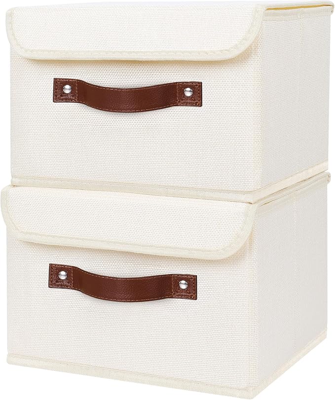 ANMINY Fabric Storage Box Bins with Lids, Beige, 10"x8"x7", 2 Pack | Keepsake Memory Storage, Cotton Linen, PP Board Reinforced, Washable, PU Handles, Foldable & Stackable, Decorative, Small - Image 2