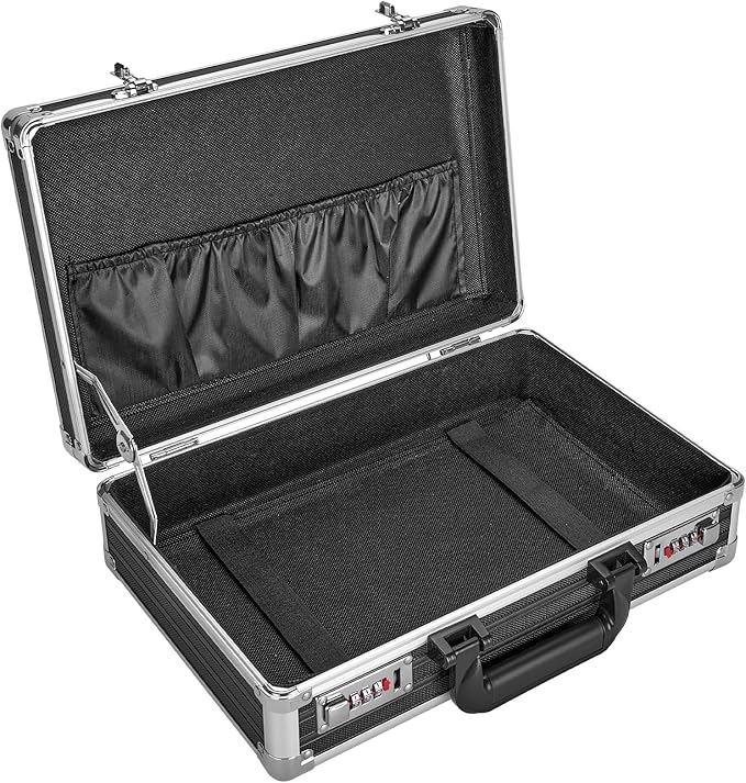 Medium Portable Locking Storage Totes - 14.2 x 9.8 x 4.5 Inch, Black, Modern Aluminum Storage Box with Dual Combination Locks by GODLONSEN