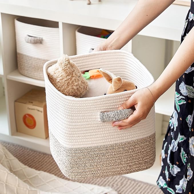 R RUNKA Storage Cube Baskets 3-Pack - 11 inch Square Baskets, Closet & Shelves Organizers - Woven & Drawer Storage - Ideal for Toys | White & Beige - Image 5