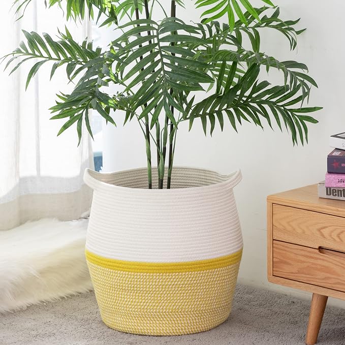 KAKAMAY Woven Baskets for Storage(17"x17"),Large Cotton Rope Woven Baby Laundry Hamper,Collapsible Laundry Basket, Blanket Basket for Organizing Living Room,Nursery,Pillows,Toy Chest(Yellow) - Image 6