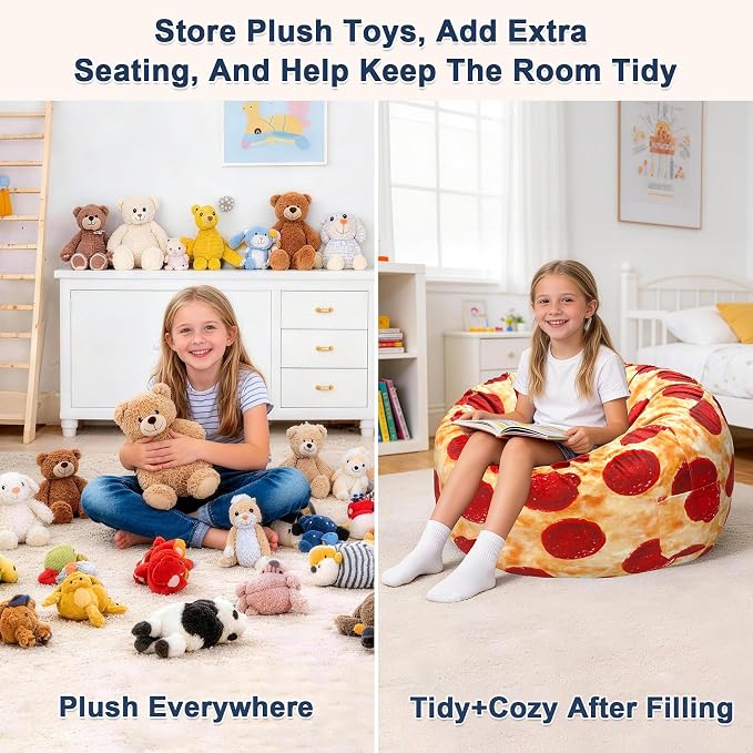 Lukeight Pizza Stuffed Animal Storage Bean Bag Chair Cover for Kids, Velvet Plush Toy Organizer Seat, Cover Only, No Filling Included, Long YKK Zipper, Side Pocket, Large 27"D x 16"H - Image 3