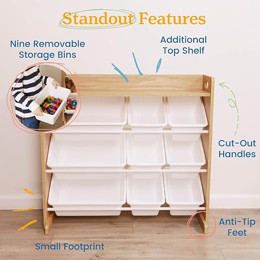 ECR4Kids 3-Tier Organizer with Shelf and 9 Bins, Toy Storage, Dark Natural/White | Durable plastic bins, MDF panels, steel frame, GREENGUARD Gold Certified, 36 lb capacity, anti-tip kit, playroom/classroom - Image 6