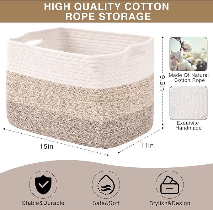 ICERZCZ Storage Baskets for Organizing Shelves, Woven Cotton Rope Bins for Baby Nursery Organization, Book Toy Towel Organizer, 15"x11"x9.5", 3 Packs, Gradient Brown - Image 3
