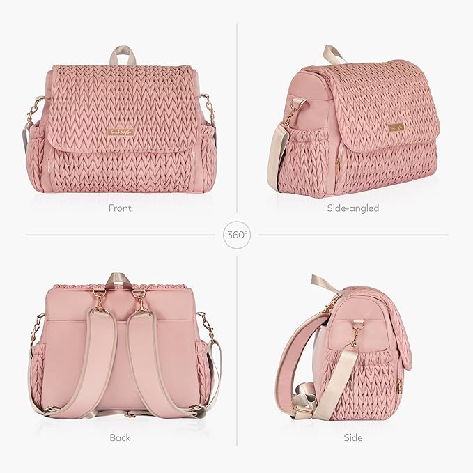 Hannah & Sophia Belle Convertible Baby Diaper Backpack & Bag in Pink Polyester with Classic Style | Waterproof Changing Pad, Spacious, Multiple Pockets & Insulated Bottle Holders, Detachable Straps, Quilted Easy-Clean Fabric - Image 6