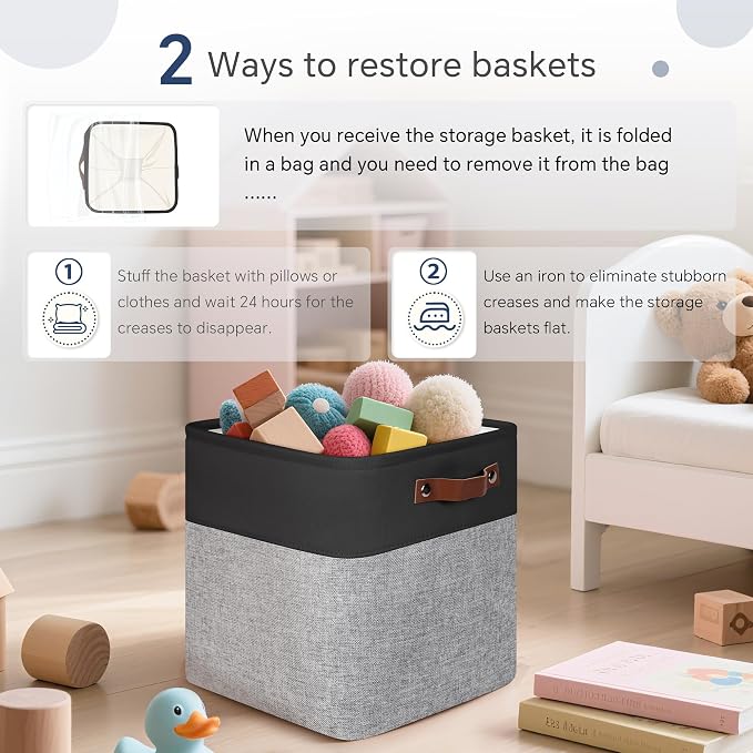 FinishingBo 11 inch Cube Storage Bin 6 Pack, Cube Organizer Bins | Fabric Storage Bins With Handles, 11x11 Storage Cubes, Shelf Basket, Black/ Gray - Image 6