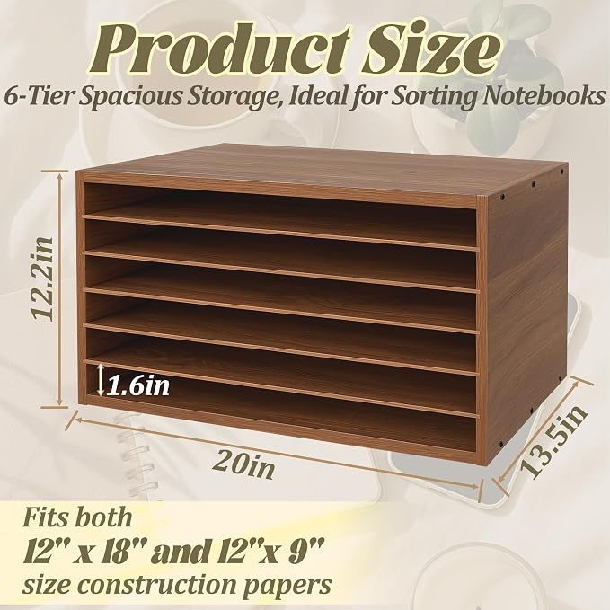 Construction Paper Organizer 20" x 13.5" x12.2",Soild Wooden Paper Organizer with 6-Tier Letter Trays, Desktop File Papers Sorter for Home, Classroom and Office (Walnut) - Image 2