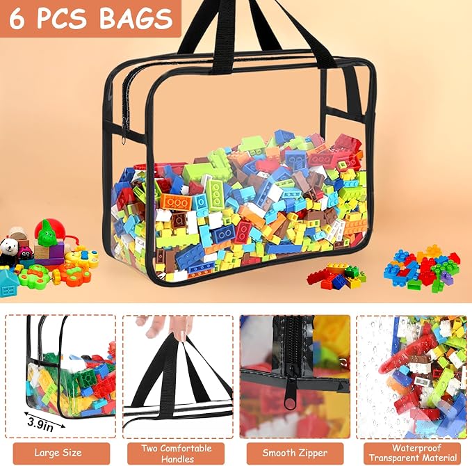 6 Packs Large Toy Storage Bags with Labels, Reusable Clear PVC Board Game Storage, Travel Waterproof Organizer Bags with Zipper for Building Blocks, Puzzle, Kids Books - Image 3