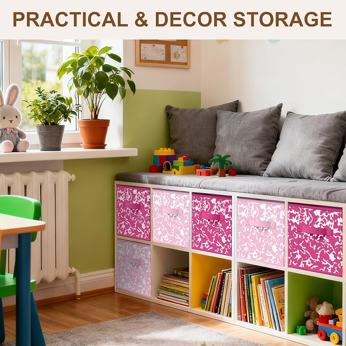 LemonRoad 6 Fabric Storage Cubes 11 Inch Foldable Marble Storage Bins for Organizing Pantry, Toy Box, Clothes Closet Collapsible Baskets for Shelves School Organizing with Handle(Pink, Classic) - Image 5