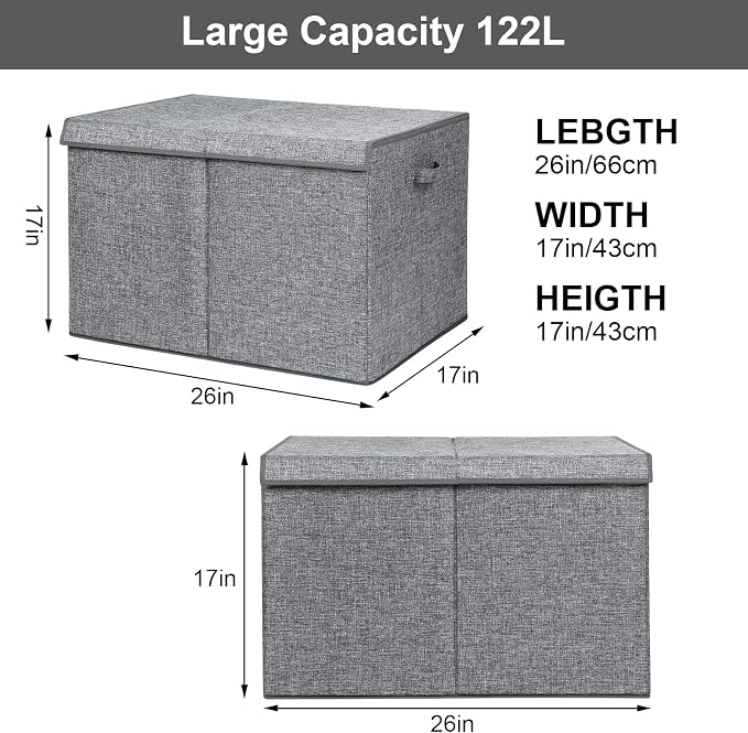 122L Large Toy Box Chest Storage with Lid, Collapsible Kid Toy Storage | Toy Chest with with Removable Divider for Kids, Boys, Girls, Nursery, Living Room, Bedroom, 26"x17" x17" (Linen Gray) - Image 4
