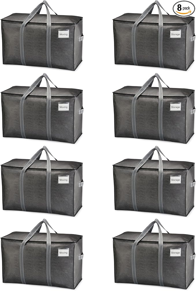 VENO 8 Pack Heavy Duty Moving Bags, Extra Large Storage Bags with Reinforced Handles & Strong Zippers, Foldable & Reusable Moving Box Alternative for Clothes & Dorm Storage by Veno