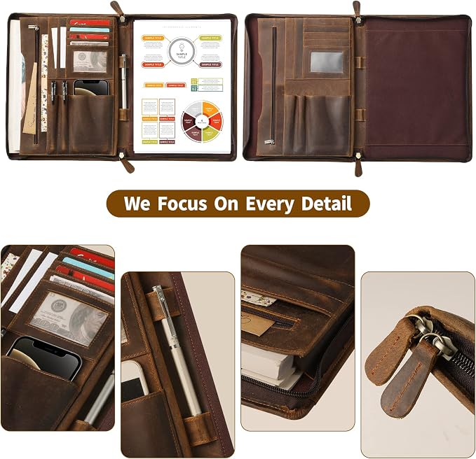 Ringsun Genuine Leather Portfolio with Zipper, Business Organizer for A4/Pad/Phone, Brown, RS63 - Image 3