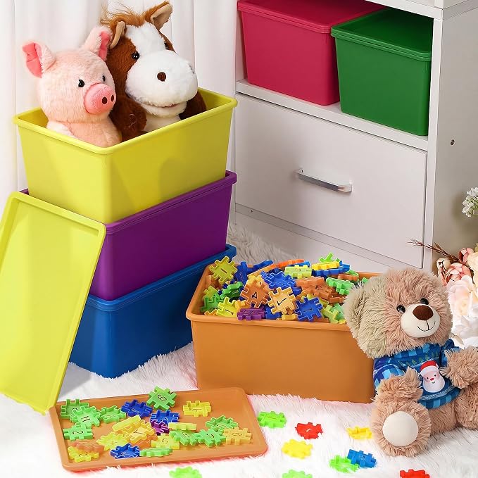6 Pcs Small Plastic Storage Bins with Lids,Colorful | Beige 6-Piece Storage Set, Stackable Lidded Design, Compact Size for Shelves, Plastic Bins for Everyday Organization - Image 5