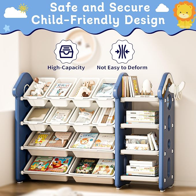 Pipleo Kids Toy Storage Organizer with 12 Removable Bins, Toy Organizers and Storage with 4-Tier Bookshelf for Kids Toy Storage Organizer (Blue) - Image 3