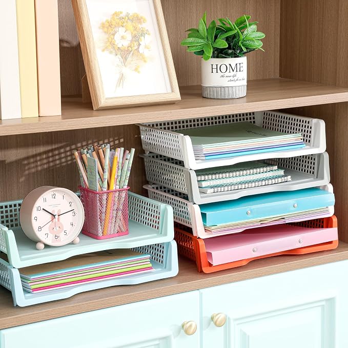 Teenyyou Set of 12 Colorful Turn in Trays Classroom Plastic Stackable Paper Tray Classroom Teachers Desk Organizer Bin for Office Home Teachers Organization and Storage, 9 x 13 x 3 Inches(Boho) - Image 5