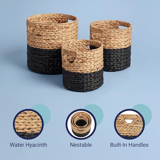 happimess Avery 3-Piece Cylinder Nesting Baskets 13", Black/Natural | Hyacinth, Bohemian Cottage Style, Handwoven Wicker, Iron Metal Frame, Decorative Storage For Toys And Books, Built In Handles - Image 6