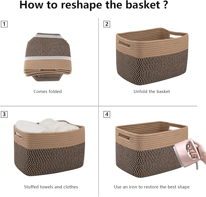 OIAHOMY 4 Pack Storage Basket, 13"x9"x7.8" Cotton Rope Baskets for Shelves, Closet Organizer for Bedroom & Living Room, Soft Decorative Bins for Organizing Towels, Books & Toys, Brown & Black - Image 9