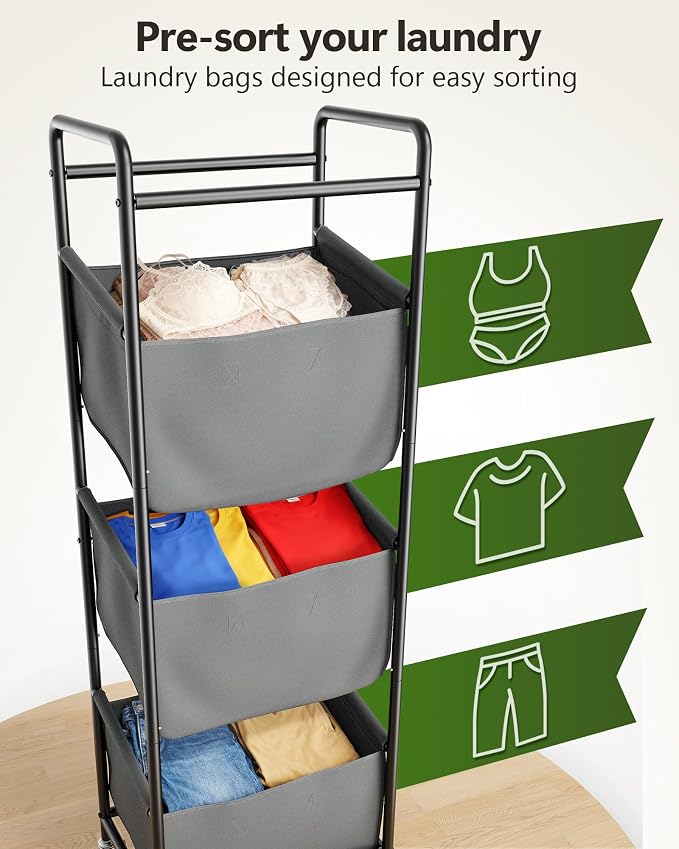 3 Section Laundry Sorter with Removable Bags, 120L Rolling Vertical Laundry Hamper, Stackable Laundry Baskets organizer for Bathroom, Apartment, Dorm (Gray, With Wheel) - Image 2