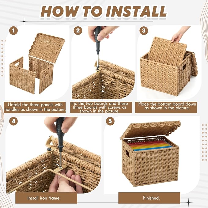 Jingmore File Organizer Box with Scalloped Lid, Paper Rope, Dark Brown | Portable Storage Box Collapsible Letter Hanging Filing Organizer Basket for Office/home, Woven Wicker Decorative Document Box - Image 4