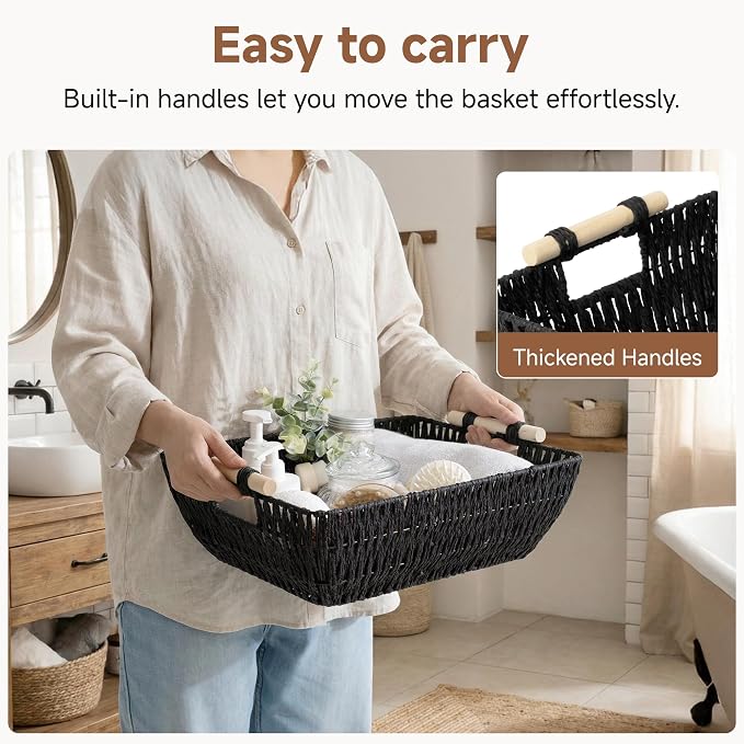 StorageWorks Large Wicker Storage Basket, Paper Rope Storage Baskets, Black | Wicker Storage Baskets for Shelves, Baskets with Wooden Handles, 2-Pack Gifts Basket for Home Decor, Hand-Woven Basket - Image 3