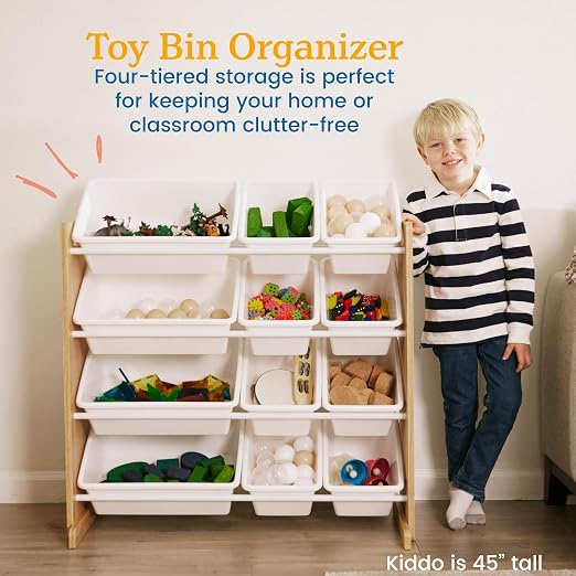 ECR4Kids 4-Tier Organizer with 12 Removable Plastic Bins, 4x3, Toy Storage, Dark Natural/White | Durable plastic bins, MDF panels, steel frame, GREENGUARD Gold Certified, 48 lb capacity, anti-tip kit, playroom/classroom - Image 4
