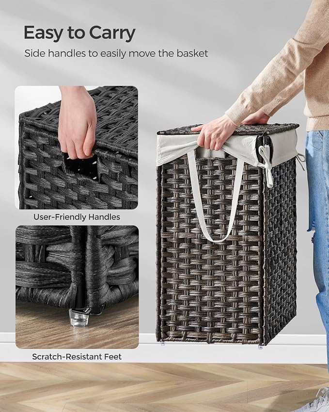 SONGMICS Laundry Hamper with Lid, 23.8 Gallon (90 L) Synthetic Rattan Clothes Laundry Basket with Lid and Handles, Foldable, Removable Liner, Chestnut Brown ULCB051K02 - Image 4