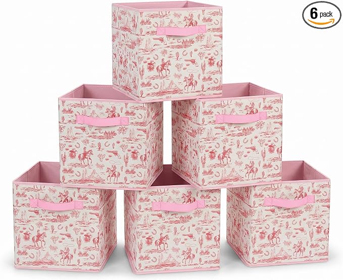 6 Pcs Pink Western Cube Storage Bins 12.5 Inch Cowgirl Storage Basket with Handle, Preppy Girls Organizer Basket, Collapsible Fabric Box for Classroom Bedrooms Office Home Decoration (Pink western) by BBSET