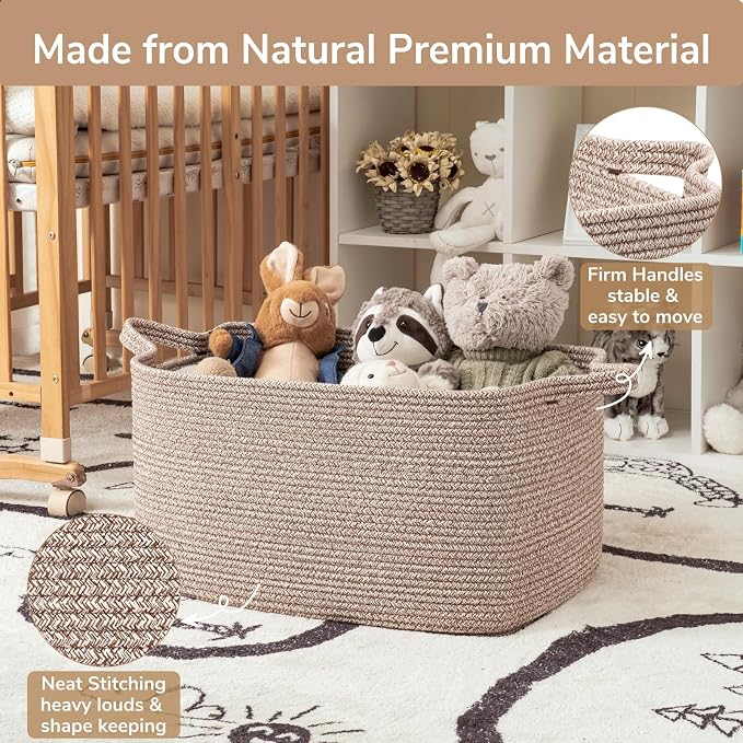 Goodpick Large Woven Rope Blanket Basket, Rectangle, Brown, 75L | 21.6'' x 14.9'' x 11.8'' Storage Basket for Blankets, Toys & Clothes, Living Room & Nursery Organization, Reinforced Handles - Image 6