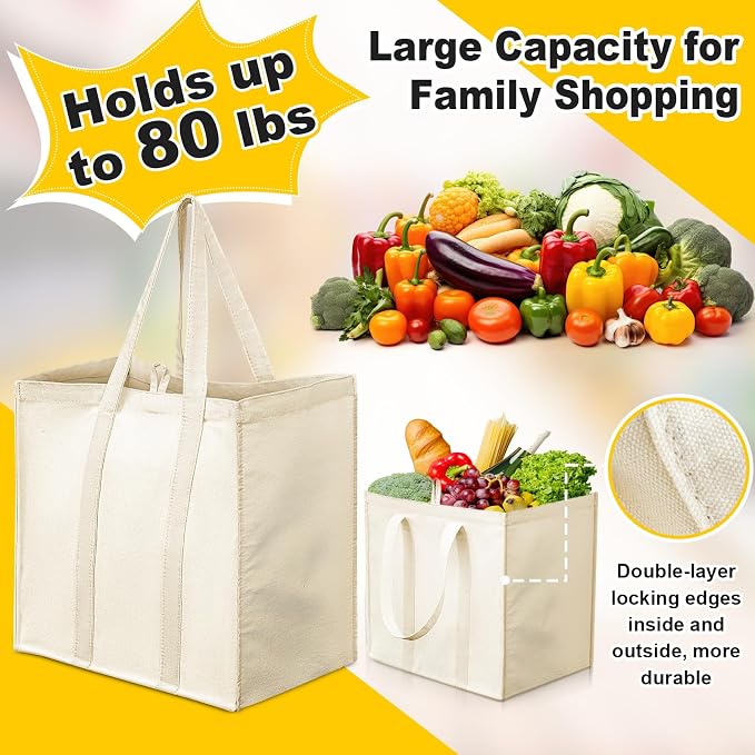 Amylove 12 Pack Canvas Grocery Bag,Heavy Duty Reusable Tote Bag | Reinforced Canvas, Large Capacity, Washable & Foldable, Strong Handles, for Grocery Shopping, Storage, Laundry & Travel - Image 5