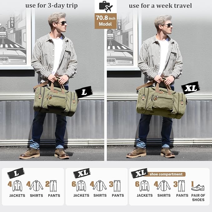 Gonex Canvas Duffle Bag, Expandable 50L Travel Overnight Weekender Bag | for Men, Multiple Pockets, Carry-On Size, Durable Zippers, Detachable Strap, Army Green - Image 6