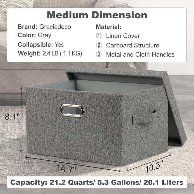 Graciadeco Medium 15" 21 Quart Collapsible Stackable Storage Bins with Lids, 1 Pack Gray Foldable Fabric Closet Storage Boxes with Lids, 4 Handles Heavy-duty Linen Cube Baskets for Bedroom | 21 Quart 1 Pack Gray1 Collapsible Stackable Linen Fabric 4 Ha... - Image 2