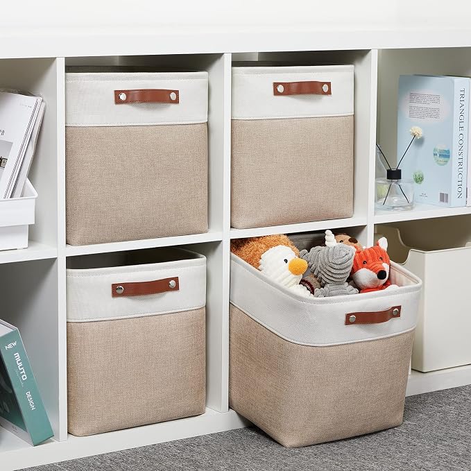 DULLEMELO Cube Storage Bins - 4 Pack Foldable Large Storage Baskets 12 inch Gifts Empty Fabric Bins for Home Office Cubes Organizer Closet, Shelves, Toy, Nursery (4 Pack - 12" White&Khaki) - Image 3