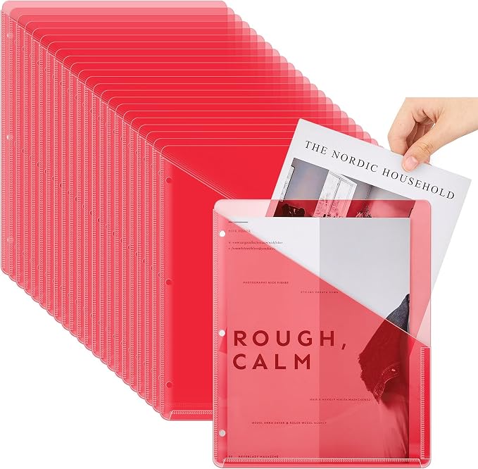 Seajan 48 Pcs Binder Pocket Folders, Clear 3 Ring Binder, Red | Plastic Folders Sleeves with 2 Pockets, Poly Slash File Jackets, 3 Hole Punched Dividers for School, Office, Documents by Seajan