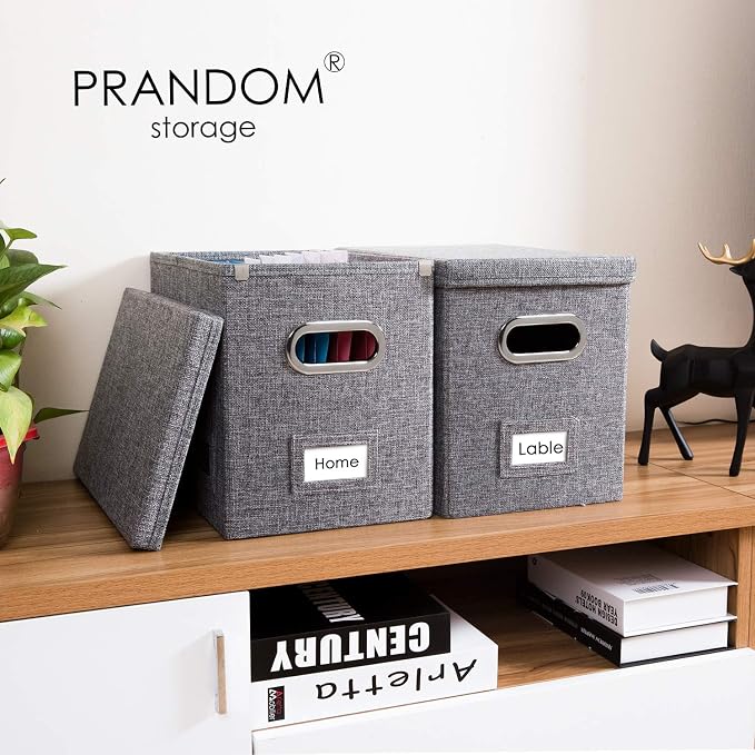 File Organizer Box - Set of 2 Collapsible Decorative Linen Filing Storage Hanging File Folders with Lids Office Cabinet Letter Size Grey (14x9.3x10.8 inch) - Image 3