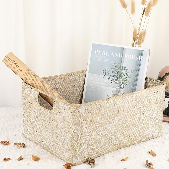 Hipiwe Wicker Shelf Baskets Seagrass Storage Opened Baskets Bin with Handle | Rectangular Closet Bedroom Basket Organizer Box, Multipurpose Woven Basket Home Organizer, Whitewash 14.6"x 10.6" x 7.1" - Image 5
