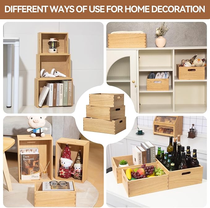 KIRIGEN Nesting Wood Crates with Handles, Set of 3 Storage Boxes Natural | 3 Different Size Decorative Box Organizer for Towels, Books, Crafts Fully Assembled - Image 5