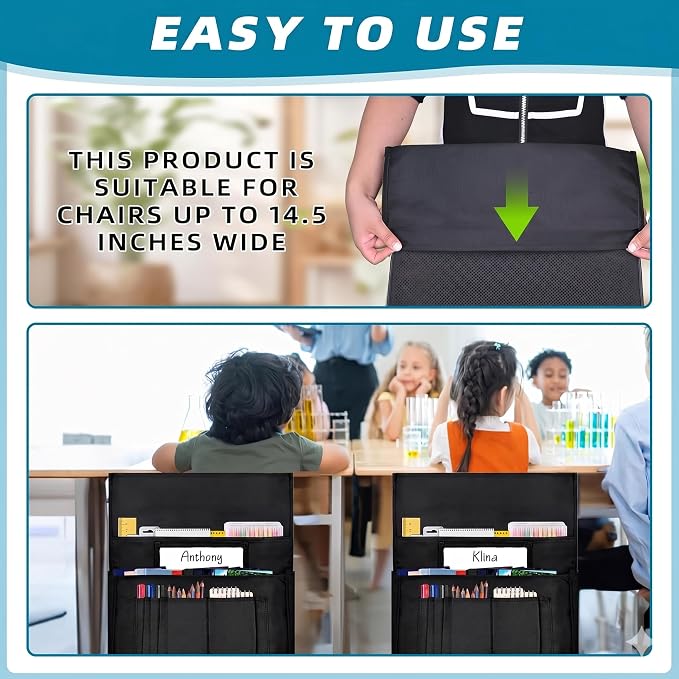 12 Pcs Classroom Chair Pockets, 14.5‘’ W x 18.5‘’ H Black Chair Pockets For Classroom, Seat Sacks for Classroom Chairs, Buddy Pocket, Chart Seat Back Organizer with Name Tag - Image 5