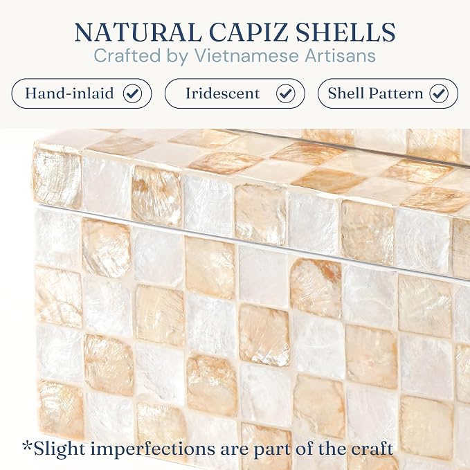 12"x8" Capiz Shell Decorative Boxes with Lids, Ivory, Set 2 | Lidded Storage Keepsake Boxes For Photos, Letters & Jewelry, Decorative Beige Keepsake Trunk, Trinket Boxes For Home Decor - Image 2