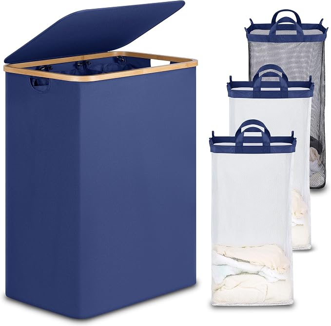 efluky Laundry Hamper with Lid, Trio Laundry Basket with 2 Removable Bags, 3 Section Laundry Bin with Bamboo Handles for Bathroom, Bedroom & Laundry Room, 160L (42.3 Gallon) Blue by efluky