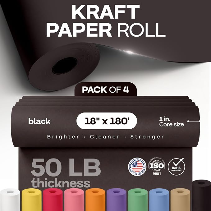 Black Paper Rolls 18" x 2160" (180 feet), Pack of 4 - USA-Made Black Kraft Paper 50lb Thickness - Ideal for Wrapping, Packing, Shipping, Arts & Crafts - 100% Recycled Natural Material by IDL Packaging - Image 3