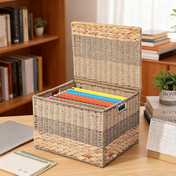 Decorative File Box 14 x 12 x 11 in Wicker Seagrass File Basket Organizer for Letter Size Hand Woven Hanging Filing Cabinet with Lid for Document Folder Home Office Decor, Water Hyacinth, Tricolor - Image 5