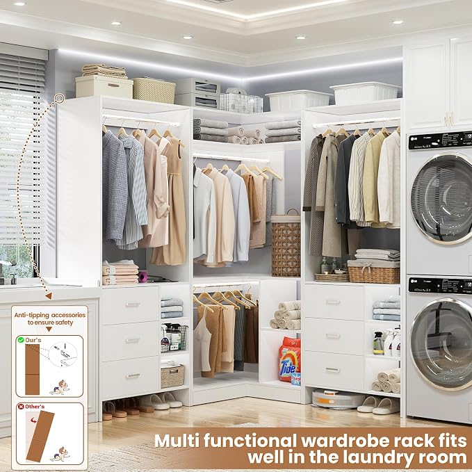 Aheaplus Closet System with 6 Drawers, 4 Hanging Rods & Corner Tower, Corner Closet System with Hanging, 92.6" L-Shaped Walk-In Wardrobe Organizer, 2000+ lbs Capacity, Set of 3, White - Image 5