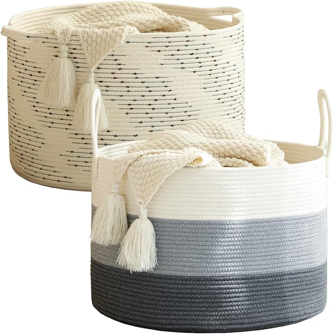 KAKAMAY Large Cotton Rope Blanket Basket (20"x13"),Woven Baby Laundry Hamper，Blanket Basket for Nursery, Laundry, Living Room, Pillows, Toys Dotted Pattern（White） by KAKAMAY