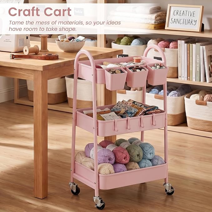 danpinera 3-Tier Rolling Cart, Utility Cart Mobile Metal Rolling Storage Cart with Lockable Wheels & Hanging Cups & Hooks for Kitchen, Bathroom, Office, Workshop, Pink - Image 7