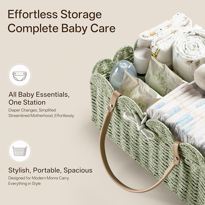 HBlife Large Baby Diaper Caddy, Paper Rope Scalloped Storage Baskets Nursery Bin with Removable Divider, Portable Car Organizer for Diapers, Baby Shower Gifts, Newborn Essentials Must Haves, Green - Image 4