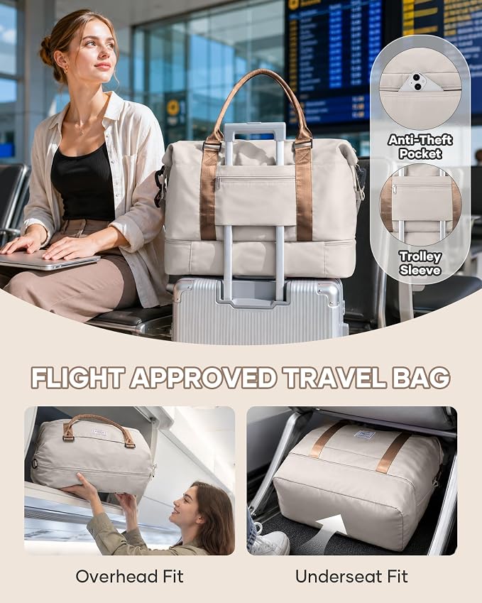 Travel Duffel Weekender Bag Women Tote Carry On Bags With Shoe Compartment | 18x14x8 inches Travel Overnight Bags with Trolley Sleeve for Airplanes Waterproof Sport Tote Gym with Toiletry Bag Beigebrown - Image 2