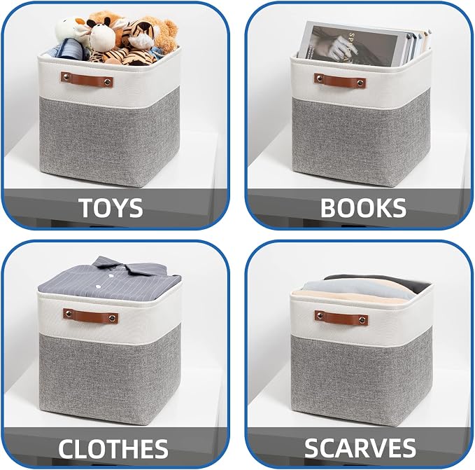 Temary 12 Inch Storage Baskets Foldable Fabric Storage Cubes 4PCs Storage Bins Organizer with Handles, Baskets for Organizing Clothes, Towels (White & Grey, 12 x 12 x 12) - Image 4